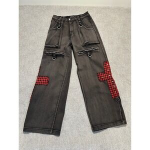 Hot Topic Womens Black Wash Denim Jeans Red Plaid Cross Patch Goth Punk Size 15